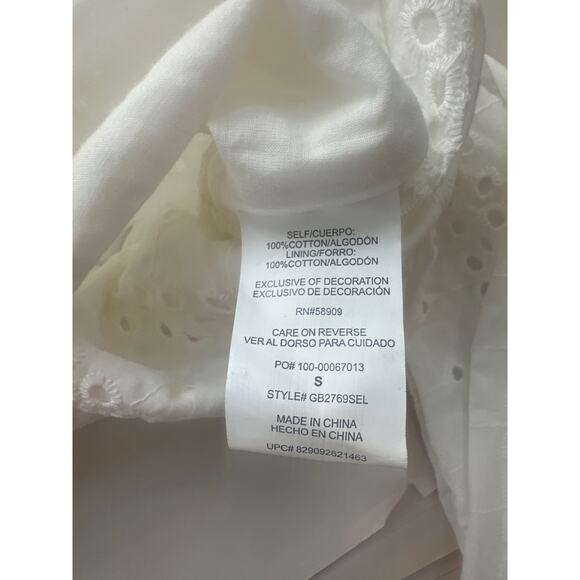 GB White Cropped Tie in the Back Eyelet Long Sleeve Blouse, Boho, Beachy - Picture 7 of 7